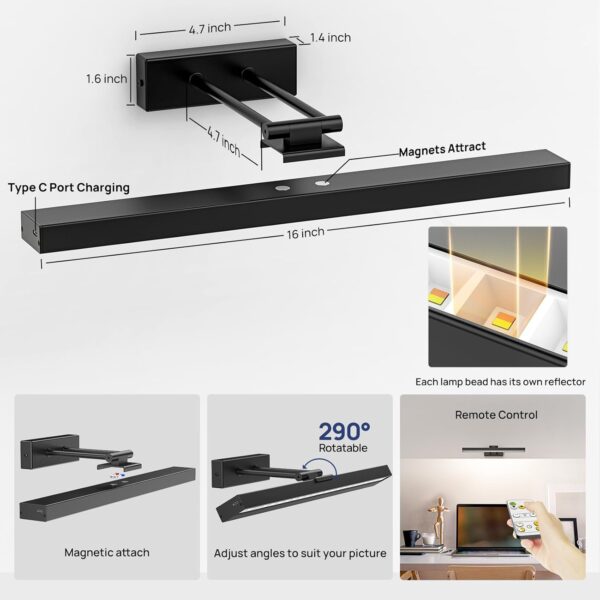 2PCS Picture Light Battery Operated, 16in Wireless Art Light for Paintings CCT Dimmable Recharging Battery Picture Light with Remote Control for Gallery Dartboard Bedroom Bathroom - Image 2