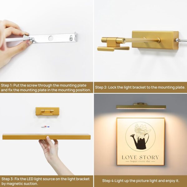 2PCS Picture Light Battery Operated, 16in Wireless Art Light for Paintings CCT Dimmable Recharging Battery Picture Light with Remote Control for Gallery Dartboard Bedroom Bathroom Gold - Image 2