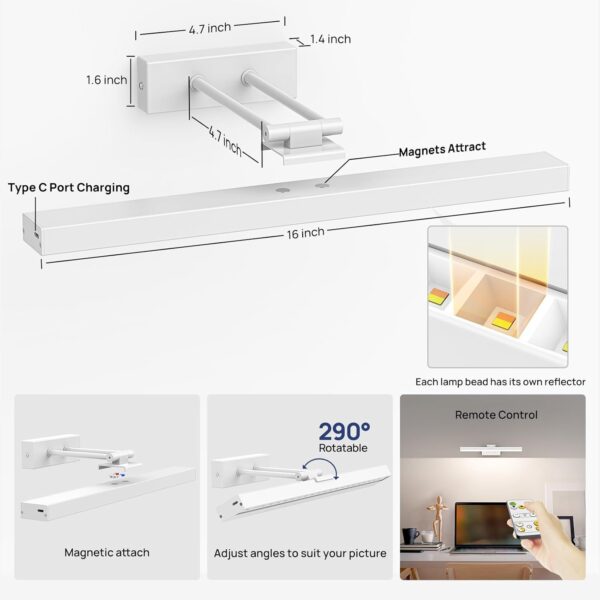 Picture Light Battery Operated, 16in Wireless Art Light for Paintings CCT Dimmable Recharging Wall Art Light with Remote Control for Gallery Dartboard Art Bedroom Bathroom White - Image 3