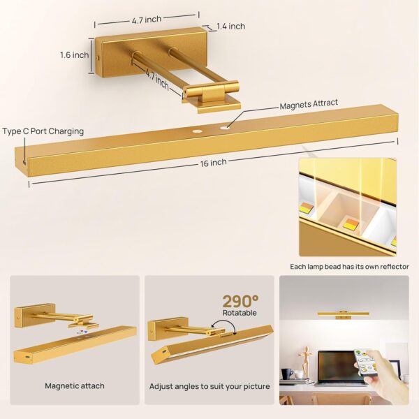 2PCS Picture Light Battery Operated, 16in Wireless Art Light for Paintings CCT Dimmable Recharging Battery Picture Light with Remote Control for Gallery Dartboard Bedroom Bathroom Gold - Image 6