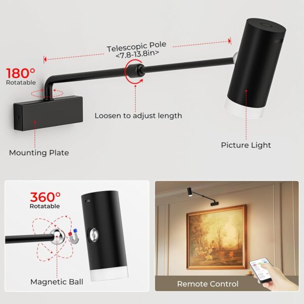 Battery Operated Picture Light, Adjustable Length Wireless Art Light for Paintings CCT Dimmable Rechargeable Picture Light with Remote Control for Gallery Reading Dartboard Bathroom - Image 4