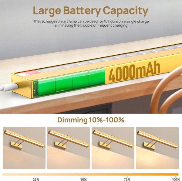 2PCS Picture Light Battery Operated, 16in Wireless Art Light for Paintings CCT Dimmable Recharging Battery Picture Light with Remote Control for Gallery Dartboard Bedroom Bathroom Gold - Image 7