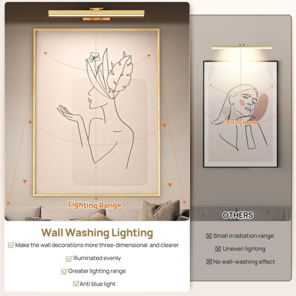 2PCS Picture Light Battery Operated, 16in Wireless Art Light for Paintings CCT Dimmable Recharging Battery Picture Light with Remote Control for Gallery Dartboard Bedroom Bathroom Gold - Image 4